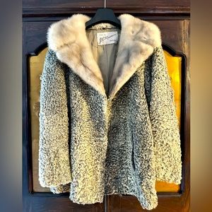 1950's Grey Cropped Coat with Curly Persian Lamb’s Wool and Mink Collar